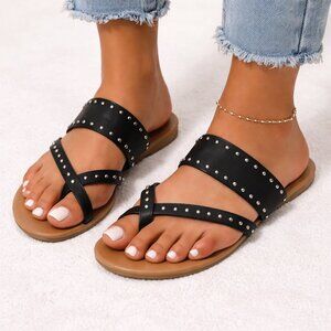 Lane Bryant Women Sz 9.5W WIDE Slip on Black Silver Studded Strappy Flat Sandals